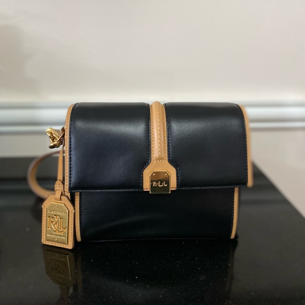 Lauren Ralph Lauren Black and Tan Crossbody Bag with Gold Accents